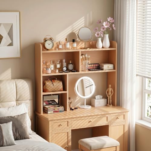 SUPER DEAL Desktop Bookshelf, Countertop Storage Hutch with 3 Shelves for Computer Desk, 2-Tier Display Rack, Multipurpose Wood Desk Hutch Storage Organizer for Home Office Dorm, Natural - Image 4