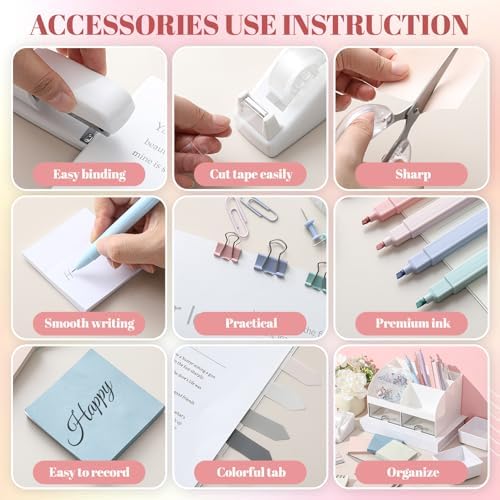 Kosiz Morandi Office Supplies Aesthetic Desk Organizer Pink Desk Accessories Gift for Pen Holder Stapler Binder Sticky Notes Paper Clips Scissor Staples Aesthetic for Women Men Students - Image 4