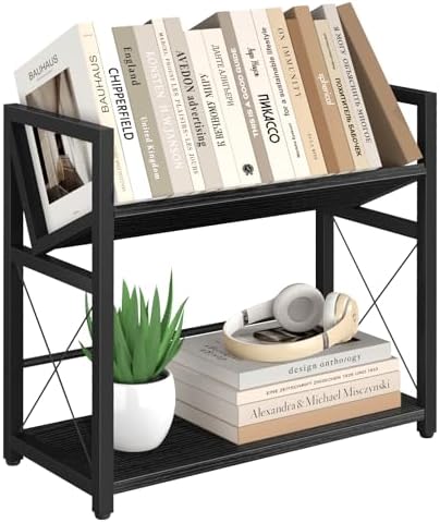 ELITEROO Desktop Bookshelf, 2 Tier Desk Book Organizer Shelf, Wood Tabletop Bookshelf Storage, Small Desk Top Bookcase for Office, Home, or Study, Mini Table Book Rack for Display, Black by ELITEROO