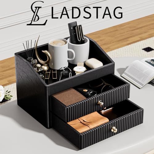 LADSTAG Office Supplies,Black Vegan Leather Office Organization with 2 Drawers & Tray,Glasses Holder with Gold-Tone Metal Accents Knob for End Tables,Bedside Table,Bedroom - Image 2