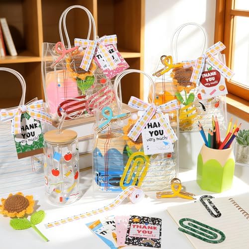 4 Sets Back to School Decoration Teacher Appreciation Gifts Bulk Include Clear Gift Bags Glass Cups Pencil Holders Jumbo Paper Clips Thank You Gift Set for Women Teacher Employee Coworker Gift Basket - Image 5