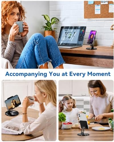 Phone Stand for Desk, 360° Rotating Dual Adjustable Foldable Cell Phone Holder, Heavy Solid All-Aluminum Base Anti-Slip Stable Support for Home Office Study, Fits iPhone Galaxy 4-8" Phones - Image 3