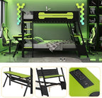 Polibi Full Over Full Bunk Bed with 2 Built-in Gaming Desks, USB Charging Ports & Pegboard Organizer, Heavy-Duty Gaming Bed Frame for Teens/Adults, Green (Full Size) - Image 3