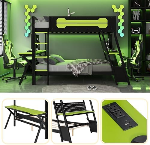 Polibi Full Over Full Bunk Bed with 2 Built-in Gaming Desks, USB Charging Ports & Pegboard Organizer, Heavy-Duty Gaming Bed Frame for Teens/Adults, Green (Full Size) - Image 3
