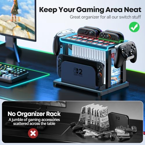 Switch 2 RGB Organizer Station with Controller Charging Dock, Switch 2 Storage Stand, Joycon 2 Charger, Gaming Accessories Holds TV Dock, 16 Game Cases, 16 Game Cards and 2 Pro Controllers - Image 4