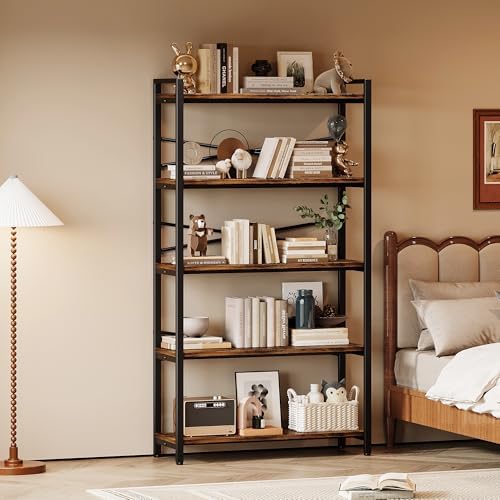 5 Tier Bookshelf 31.49" Width, Book Organizers and Storage, Wood and Metal Tall Bookcase, Rustic Book Shelf Organization and Storage for Home Living Room Bedroom Office Storage(Rustic Brown) - Image 6
