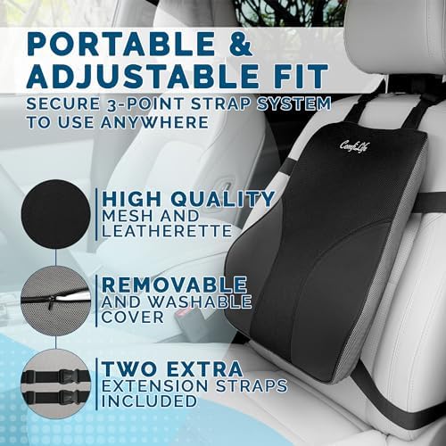 ComfiLife Lumbar Support Pillow for Office Chair – Premium Memory Foam Lumbar Pillow – Back Support for Office Chair, Car – Back Pain Relief, Improves Posture – 3 Adjustable Straps, Mesh + Leatherette - Image 3
