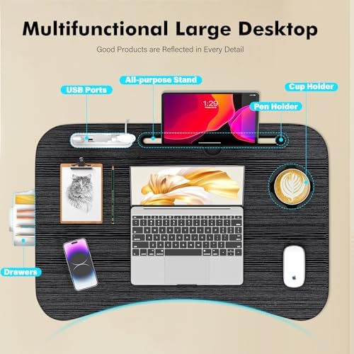 Lap Desk for Bed Adjustable Height, Foldable Bed Table with Storage Drawer, Tablet Slot & Cup Holder, Portable Laptop Stand for Bed & Sofa, Bed Desk for Adults & Kids, Black - Image 5