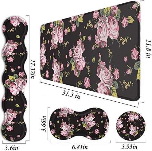 Mouse Pad Set,(31.5×11.8 in) Desk Pad + Keyboard Wrist Rest Support + Mouse Wrist Rest + Coaster for Office,Home,Computer,Laptop - 4 Rose Flower - Image 3