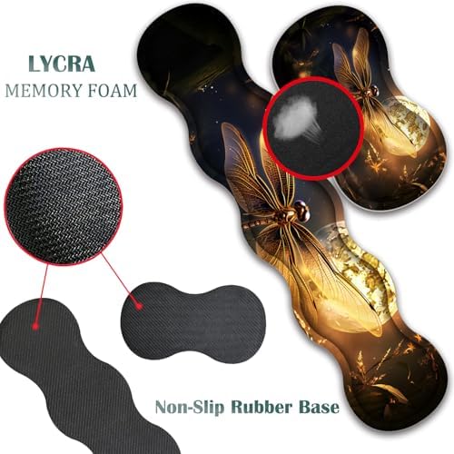 4 in 1 Mouse Pad Combo, Large Gaming Mouse Pad + Keyboard Wrist Support + Mouse Wrist Rest + Coaster, Table Pad 31.5 "x 11.8" with Memory Foam Ergonomic Wrist Pad Set, Dragonfly Under The Moon - Image 5