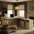 70 Inches L Shaped Executive Standing Desk, Electric Height Adjustable Desk with File Cabinet, Computer Corner Table with AC/USB and Privacy Panel for Home and Office, Light Walnut by Perledesign%E2%80%93WorkinStyle
