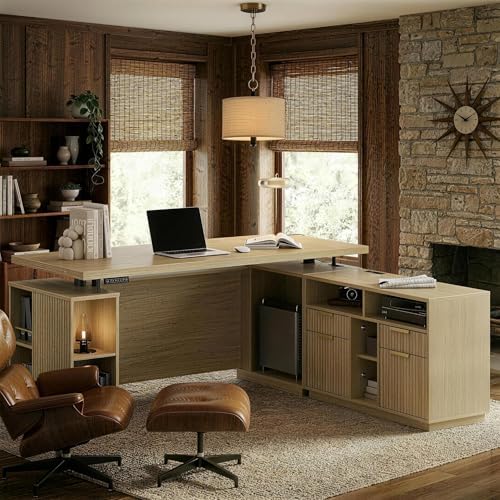 70 Inches L Shaped Executive Standing Desk, Electric Height Adjustable Desk with File Cabinet, Computer Corner Table with AC/USB and Privacy Panel for Home and Office, Light Walnut by Perledesign%E2%80%93WorkinStyle