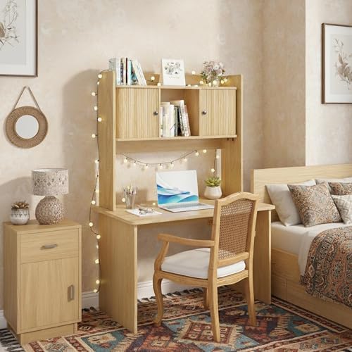 Fluted Desktop Bookshelf, 35.4 Inch x 31.5 Inch Wooden Desk Organizer, Desk Hutch with 2 Doors, Desktop Shelf Storage Rack, for Home, Office, Dorm, 2-Tier, Wood - Image 5