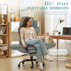 Flip Armrests Criss Cross Office Chair, Reclining Office Chair with Foot Rest, Adjustable Headrest, Massage Waist Pillow, Cross Legged Big and Tall Desk Chair Wide Seat Vanity Chair, Grey PU Leather - Image 3