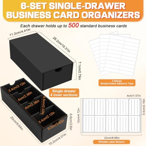 Business Card Storage Box 6 Pack, Stackable Card Organizer with Pull-Out Drawers and 24 Sections, Holds Up to 3000 Cards, Black Corrugated Desktop Filing Boxes with Labels - Image 2