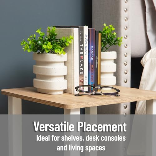 Mind Reader Ribbed Cement Planter Bookends, Faux Greenery for Shelves and Desk Decor, Set of 2, White - Image 4