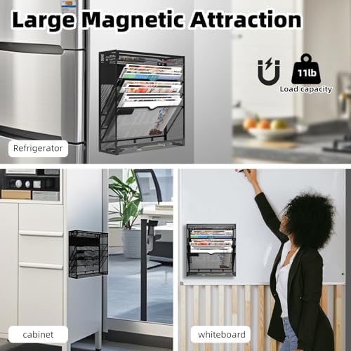 5 Tier Magnetic File Holder, No Drilling Wall File Organizer, Magazine Paper Mail Document Holder/Magnetic Hanging File Organizer for File Cabinets,Whiteboard refrigerator,Office,Classroom(Black) - Image 5