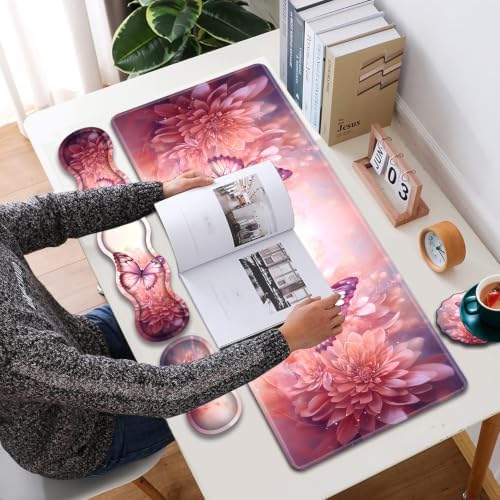 31.5"x 11.8" Oversized Gaming Mouse Pad Set, Ergonomic Keyboard and Mouse Wrist Rest + Cup Holder, Non-Slip Desktop Pad, Suitable for Home and Office Use, Pink Butterfly Flower - Image 6