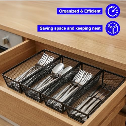 10 Packs Black Mesh Drawer Organizers 9 x 3 x 2 Inches Silverware Mesh Drawer Organizer with Interlocking Arm for Kitchen Drawers for Flatware Knives Spoons Fork Cosmetic Tabletop Storage Tray - Image 5