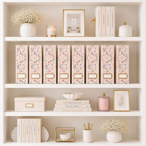 BLU MONACO | Cardboard Magazine File Holder Set of 4 | Standing File Holder with Floral Boho Design | Foldable Cardboard Bins for Shelves Desk Office Storage - Image 2