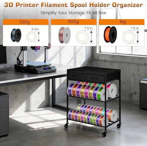 3D Printer Filament Storage Shelf with Drawers& Wheels, Black 2-Tier 3D Printer Filament Metal Stand with Storage, Adjustable Filaments Organzied Rack for Workshop Studio Office, 4 Leveling Feet - Image 4