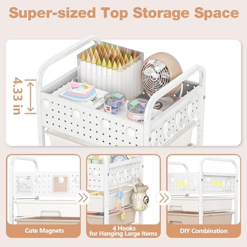 4 Drawer Rolling Storage Cart with Pegboard Top and Hooks, Brown - Image 3