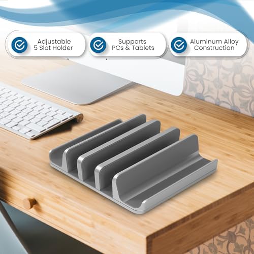 Multiple Laptop Holder Vertical – Adjustable Laptop Vertical Stand Holds 5 Devices, Fits All MacBooks Laptops Tablets and Mobiles (up to 17.3”). Closed Upright Vertical Laptop Stand for Desk - Image 4