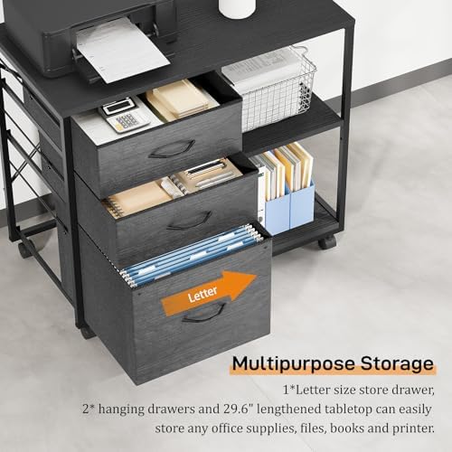 VINGLI 3 Drawer File Cabinet with Wheels Under Desk Printer Stand, Rolling File Cabinet with Shelves Adjustable, Mobile Lateral Filing Cabinet for Home Office, Fits Letter Size, Black - Image 4
