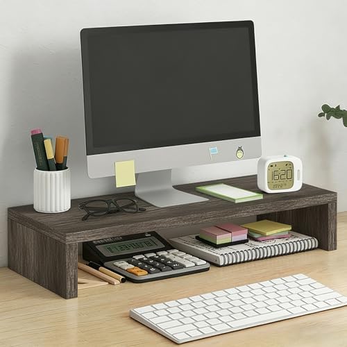 Solid Wood Monitor Stand Riser & Laptop Stand Desk Organizer - Office Accessories for PC Workspace, Computer Organization, Countertop Hutch Dark Grey Log 19.7x7.9x3in by Unknown