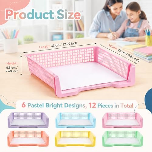 Set of 12 Pastel Turn in Trays for Teachers Stackable Classroom Paper Letter Trays Plastic Classroom Desk Letter Organizer Tray Storage Baskets for Library, Drawers, Office, Home - Image 2