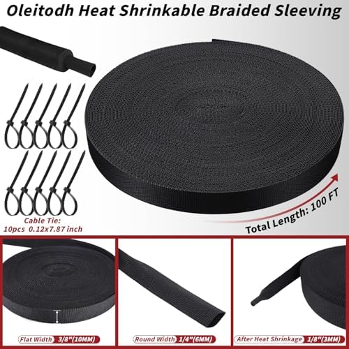 Oleitodh 100 ft 1/4 in 2:1 Heat Shrink Braided Sleeving, Black - Image 2