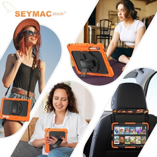 SEYMAC stock Case for Samsung Galaxy Tab S10 FE+ Plus 5G Tablet Case 13.1'' Protective with Screen Protector, Pen Holder, 360 Rotate Stand, Hand Strap, Shoulder Strap, Orange1 - Image 5