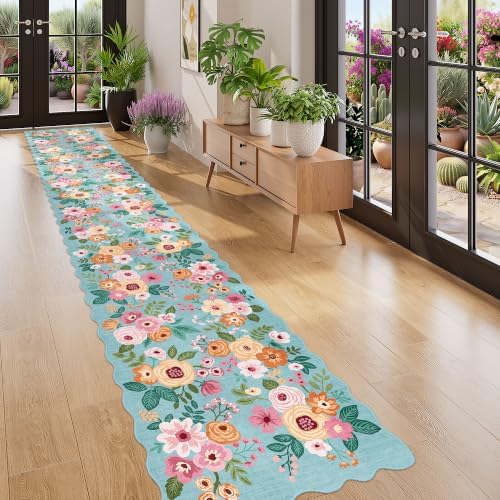 DUKINO 2x12 Washable Runner Rug, Floral Long Runner Rug for Hallway, Teal - Image 5