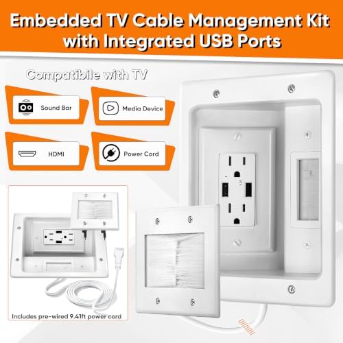 in Wall Cable Management Kit with Brush Wall Plate, AC Outlet & USB-A Port - Image 2