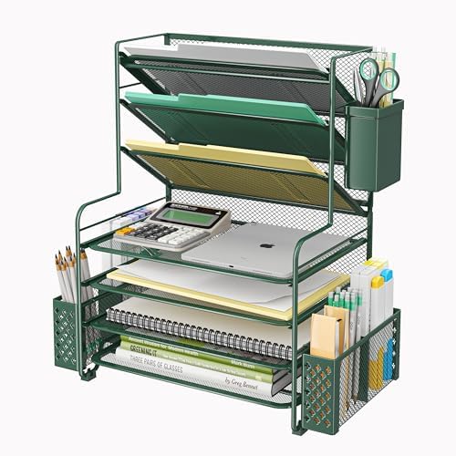 Simple Trending 7 Tier Desk File Organizer, Letter Tray Paper Organizer with Pen Holder and Metal Hanging Basket, Green by SimpleTrending