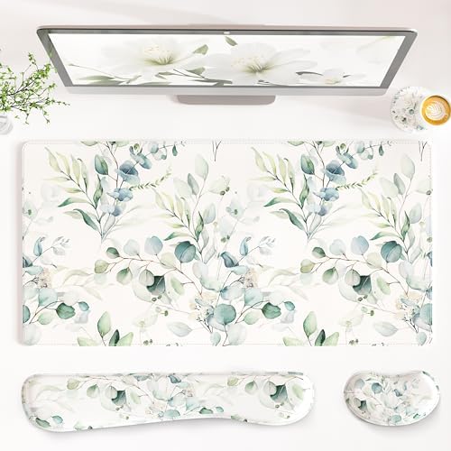 QiyI PU Leather Desk Mat Set, 4-in-1 Ergonomic Wrist Rest, Eucalyptus by QIYI