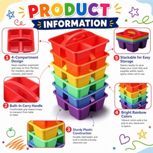 6 Pcs Plastic Classroom Caddy with Handle 4 Compartment Red Classroom Caddies Organizer Classroom Caddy Portable for Teachers, Art Craft Crayon Marker Holder Baskets (Red) - Image 2