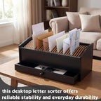 Wood Desktop Organizer with Drawer, 17 Inch 32 Section Bill & Mail & File Organizer Storage for Office Desk, Desktop Mail Holder and Office Supplies Storage, Letter and Paper Sorter(Black) - Image 6