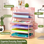 Pink 7 Tier Desk File Organizer, Metal Letter Tray Paper Organizer with Pull-Out Drawer, Removable Pen Holder & Hanging Basket, Vertical Desktop File Holder for Home Office, Classroom - Image 2
