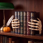 Skeleton Hand Bookend, White Resin Skull Finger Bookstop with Wooden Base - Image 5