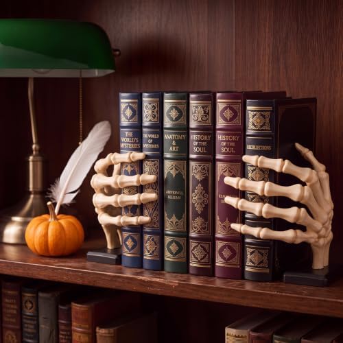 Skeleton Hand Bookend, White Resin Skull Finger Bookstop with Wooden Base - Image 5