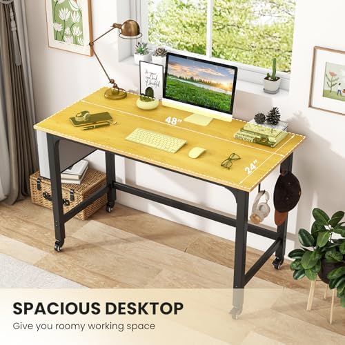 GOFLAME 4ft Conference Table Set of 4, Mobile Home Office Computer Desk, Meeting Room Table w/Detachable Storage Bag & 2 Headphone Hooks, Rolling Seminar Boardroom Table on Wheels, Black + Natural - Image 5