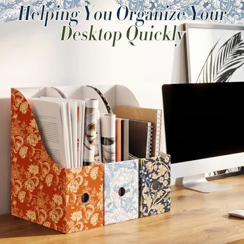 Thenshop 24 Pcs Cardboard Magazine File Holder Organizer, Desk File Organizer Box Foldable Book Bin Papers Storage Folder with Label for School Classroom Office Supplies(Floral,Dark Green) - Image 4