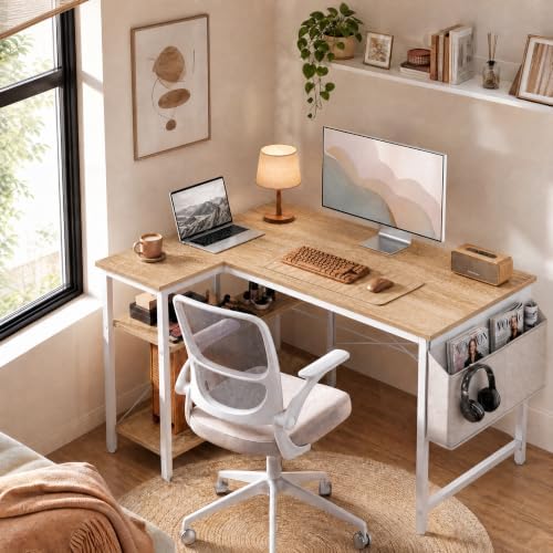 Grandder L Shaped Computer Desk with Reversible Shelves, 40 Inch Small Corner Desk with Storage Bag, Gaming Desk Computer Table Study Writing Table for Home Office Bedroom Small Space, Oak - Image 2