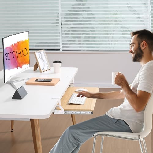 ETHU Under Desk Keyboard Tray with Metal Slide Rail, 26.8x11.8", Oak - Image 2