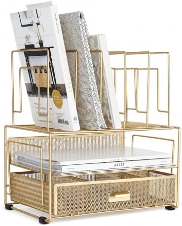 BLU MONACO | Gold Desk Organizer With Drawer | Metal Mesh File Holder & Vertical File Organizer | Desktop Storage for Office Supplies, Papers & Folders | 9.3" D x 13" W x 14" H by Blu_Monaco