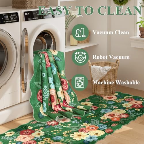 DUKINO 2x14 Hallway Runner Rug, Floral Washable Kitchen Rug, Dark Green - Image 6