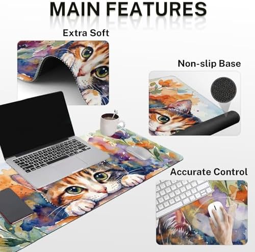 Arttown Keyboard Mouse Pad Set, 4 in 1 Desk Mat Set Cat Floral - Image 3