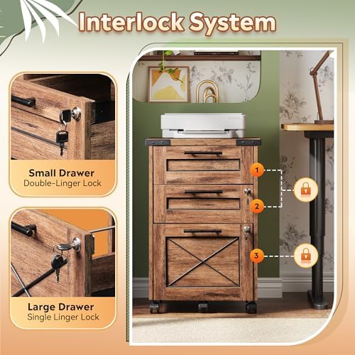 DEVAISE 3 Drawer Under Desk File Cabinet with Lock, Oak - Image 5