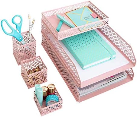 BLU MONACO | Pink Desk Organizer Set for Women 6 Piece | Mail Sorter Organizer Countertop with Letter Trays | Standing File Organizer with Mesh Pen Holders by Blu_Monaco